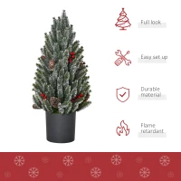 HOMCOM 18" Tall Unlit Miniature Snow-Flocked Tabletop Artificial Christmas Tree, Holiday Decoration with Pine Cones and Berries(m-4)