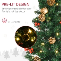 HOMCOM Prelit Holiday Christmas 4-Piece Set, Garland Wreath and Set of 2 Entrance Trees with Warm White LED Lights, Red Berries, Pine Cones, Green(m-5)