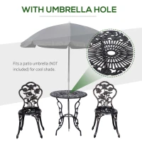 Outsunny 3 Pieces Aluminum Bistro Set, Bistro Table Set Outdoor Patio Furniture with Umbrella Hole, Patio Table and Chairs with Floral Patterns for Garden, Balcony, Porch, Bronze(m-4)