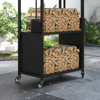 Outsunny 4-Tier Outdoor Indoor Firewood Rack with Wheels and 4 Tools, Powder-Coated Steel Wood Storage Rack Log Holder(m-10)