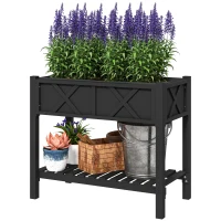 Outsunny Wooden Raised Garden Bed, Elevated Planter Box with Storage Shelf, Drainage Holes and Liner, 34" x 18" x 30", Black(m-2)