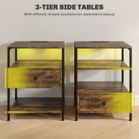 HOMCOM Set of 2 Side Tables with Charging Stations and LED Lights, End Tables with Drawer and Shelves for Living Room, Brown(m-6)
