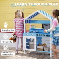Qaba Wooden Mud Kitchen for Kids Outdoor with Sink, Faucet, Water Tank, Storage Shelves, Accessories for Boys and Girls, Blue(m-8)