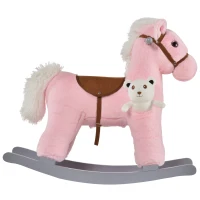 Qaba Kids Plush Ride-On Rocking Horse with Bear Toy, Children Chair with Soft Plush Toy & Fun Realistic Sounds, Pink(m-11)