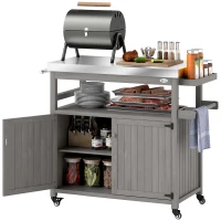 Outsunny Outdoor Grill Cart w/ Stainless Steel Top, Solid Wood Outdoor Kitchen Island w/ Wheels, Storage Cabinets, Gray(m-11)