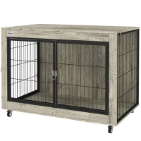 PawHut 39" Dog Crate Furniture End Side Table with Wheels, Interchangeable Side Door, for Large Dogs, Gray(m-1)
