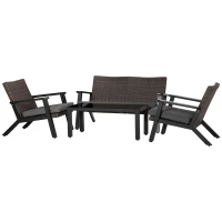 Outsunny 4 Pieces Patio Furniture Set, All Aluminum Frame Outdoor Sofa Set PE Rattan Sofa with 2 Cushioned Sofas, 1 Loveseat and Coffee Table with Tempered Glass Top for Garden, Backyard, Black, Grey(m-14)
