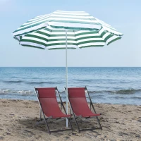 Outsunny 6FT Round Beach Umbrella with Tilt Mechanism, Outdoor UV Protection Sun Shaded Canopy with Push Button, Striped Green(m-1)