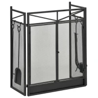 HOMCOM 3-Panel Folding Fireplace Screen with 2 Magnetic Doors and Fire Place Tools Set, Fire Spark Guard for Wood Burning, with Brush, Shovel, Poker, Firewood Tongs, 48" x 0.75", Black(m-11)