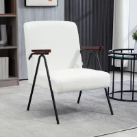 HOMCOM Modern Armchair, Upholstered Teddy Fleece Accent Chair with Wood Arms and Steel Frame for Living Room, Bedroom, White(m-8)