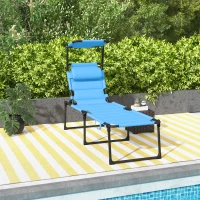 Outsunny Outdoor Lounge Chair, 4 Position Adjustable Backrest, Folding, Cushioned w/ Sun Shade Roof & Pillow, Blue(m-10)
