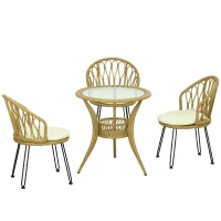 Outsunny 4 Pieces Rattan Dining Set with Storage Basket, Tempered Glass Table Top, for Garden, Backyard, Balcony, Light Brown(m-11)