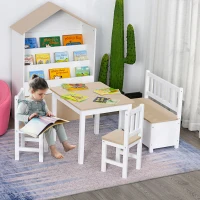 Qaba 4-Piece Set Kids Wood Table Chair Bench with Storage Function Easy to Clean Gift for Girls Boys Toddlers Age 3 Years up Natural and White(m-8)