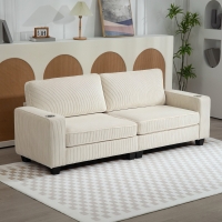 HOMCOM Three Seater Sofa, Fabric 3 Seater Couch with Spring Cushion and Cup Holders for Living Room, Bedroom, Cream White