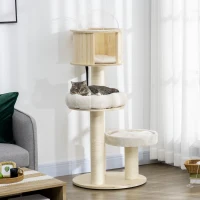 PawHut 55" Cat Tree, Wood Cat Tower for Indoor Cats with Scratching Post, Condo Bed, Natural(m-1)