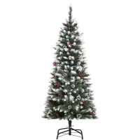 HOMCOM 5ft Decorated Christmas Tree with Red Berries and Pine Cones, Flocked Christmas Tree with Pencil Shape, Green(m-2)