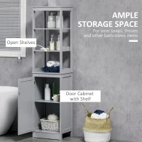 kleankin Tall Bathroom Storage Cabinet, Freestanding Linen Tower with 3-Tier Open Shelf and Door, Slim Floor Organizer, Grey(m-4)