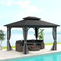 Outsunny 10' x 12' Hardtop Gazebo, Sun Shelter with Double Tier Metal Roof, Mosquito Netting, and Hanging Hook, Light Grey