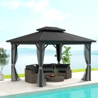 Outsunny 10' x 12' Hardtop Gazebo, Sun Shelter with Double Tier Metal Roof, Mosquito Netting, and Hanging Hook, Light Grey(m-1)