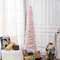 HOMCOM 7ft Snow-Flocked Artificial Christmas Tree, Slim Pencil Xmas Tree with 490 Realistic Branches, Metal Base, Pink(m-8)