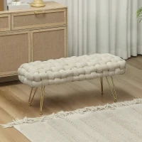 HOMCOM Upholstered Velvet End of Bed Bench 39" Woven End of Bed Bench with Gold Metal Legs for Entryway, Cream White(m-1)