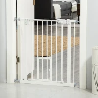 PawHut Pet Gate Extra Wide Press-Mounted with Cat Door, Auto Closing Pet Gate for Stair, Hallway, 29-32 Inch, White(m-1)