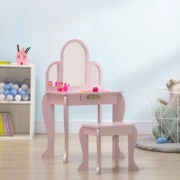 Qaba Kids Dressing Table and Chair Set, Girls Dressing Set, Makeup Desk with Drawer for 3-6 Years Old Kids, Pink(m-8)