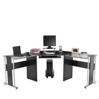 HOMCOM 69" Modern L-Shaped Tempered Glass Office Computer Desk with Elevated Monitor Stand, Rolling CPU Holder, Pull Out Keyboard Tray and Steel Frame, Black(m-10)