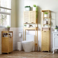 kleankin Bathroom Floor Cabinet with 3 Shelves and Cupboard, Slim and Freestanding Linen Tower with Storage, Natural(m-1)