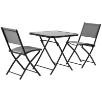 Outsunny 3-Piece Outdoor Patio Dining Set, Folding Garden Bistro Set with Glass Table Top, 2 Folding Chairs, Steel Frame, and Mesh Fabric, Gray(m-11)