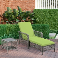 Outsunny 2 Pieces Wicker Patio Lounge Set w/ Cushions, Outdoor PE Rattan Sun Lounger Sets w/ 5-Level Reclining Chaise Chair & Two-tier Glass Top Coffee Table, Green