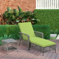 Outsunny 2 Pieces Wicker Patio Lounge Set w/ Cushions, Outdoor PE Rattan Sun Lounger Sets w/ 5-Level Reclining Chaise Chair & Two-tier Glass Top Coffee Table, Green(m-1)
