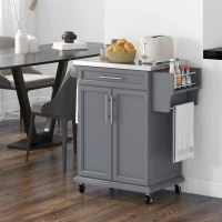 HOMCOM Kitchen Island on Wheels, Rolling Kitchen Cart with Stainless Steel Countertop, Drawer, Towel Rack and Spice Rack, Utility Storage Trolley, Gray(m-2)