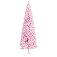 HOMCOM 7.5ft Tall Unlit Snow Flocked Artificial Christmas Tree Slim Pencil Xmas Tree with Pine Shape and Realistic Branches, Pink(m-1)