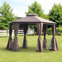 Outsunny 13' x 13' Patio Gazebo, Double Roof Hexagon Outdoor Gazebo Canopy Shelter with Netting & Curtains, Solid Steel Frame for Garden, Lawn, Backyard and Deck, Coffee(m-10)