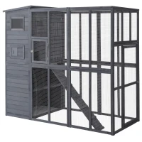 PawHut Wooden Outdoor Catio with Platforms, Asphalt Roof, Ramps, Gray(m-1)