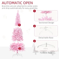 HOMCOM 6ft Prelit Snow Flocked Artificial Christmas Tree with Pencil Shape, Pine Realistic Branches, Warm White LED lights, Auto Open, Pink and White(m-7)