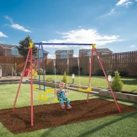 Outsunny Metal Swing Set with Glider, Two Swing Seats and Adjustable Height, Outdoor Heavy Duty A-Frame Suitable for Playground, Backyard, Multi-color(m-2)