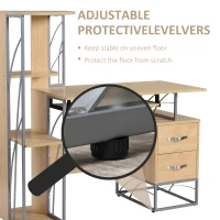 HOMCOM Modern Computer Desk with 4-Tier Bookshelf, Home Office Writing Table Workstation with Tower Storage Shelves Keyboard Tray & Lockable Drawers, Natural(m-6)