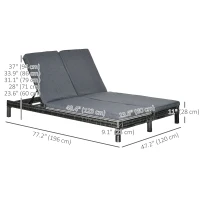 Outsunny Wicker Double Chaise Lounge Chair Outdoor Recliner 2 Person Rattan Patio Reclining Sunbed Furniture Cushioned w/Adjustable Backrest, Black, Grey(m-3)