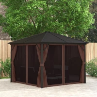 Outsunny 10' x 10' Hardtop Gazebo Canopy, Permanent Pavilion with Hook, Curtains, Aluminum Frame for Patio, Garden, Dark Brown(m-10)
