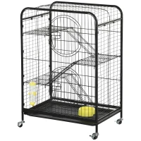 PawHut Rolling Small Animal Cage 36.6" Pet Rabbit Ferret Playpen, Animal Supply Kit Metal Black for Bunny, Pet Mink, Chinchilla(m-11)