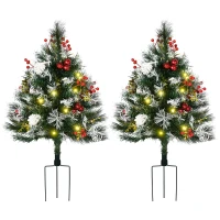 HOMCOM 2.5 Ft/30" 2 Pack Outdoor Entryway Pre-Lit Artificial Christmas Tree Cordless with 70 Branches, Warm White LED lights, Red Berries, Pine Cones, Balls, Green(m-1)