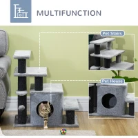 PawHut Adjustable Height 3 Step/4 Step Cat Stairs with Cat Scratching Post, Cat Condo, Toy Ball, for Bed, Sofa, Couch, Gray(m-5)