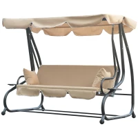 Outsunny 3-Seat Outdoor Patio Swing Chair, Converting Flat Bed, Canopy Swing with Adjustable Shade, Removable Cushions, Cup Holder, Beige(m-11)