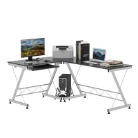 HOMCOM L-Shaped Computer Desk, Corner Table with Keyboard Tray for PC Laptop Desktop, Workstation Stand Home Office Furniture(m-2)