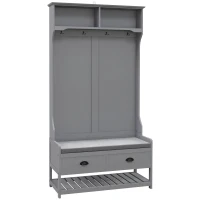 HOMCOM 3-in-1 Hall Tree, Entryway Bench with Coat Rack, Mudroom Bench with Shoe Rack, 2 Storage Drawers, 4 Hooks and Padded Seat Cushions for Hallway, Gray(m-11)