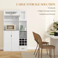 HOMCOM Coffee Bar Cabinet, Kitchen Hutch with Wine Storage, Microwave Countertop, Drawer and Tempered Glass Doors, White(m-4)