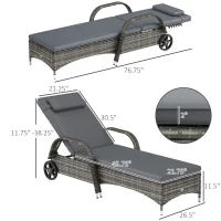 Outsunny 2 Reclining Chaise Lounge Chairs, Rolling Outdoor Chairs with Cushion, Pillow, Headrest, Armrests, and Wheels, Gray(m-3)