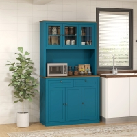 HOMCOM 71" Pantry Cabinet with Microwave Space, Buffet with Hutch, 2 Drawers, Adjustable Shelves and Glass Doors, Navy Blue